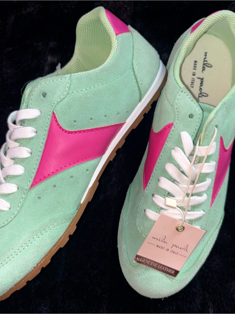 Mila Paoli Mint Suede Sneakers with Pink Accents